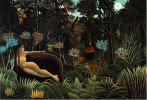 شاعرانگی نقاشی- تصویر نقاشی رویا اثر روسو در 1910 که یادویگه زنی عریان روی مبلی در میان جنگ و نیلوفر ها حیوانات دراز کشیده