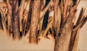 تصویر نقاشی انتزاعی سهراب سپهری از تنه درختان.نام اثر خانه کاشان 1357-1358 تکنیک رنگ روغن روی بوم